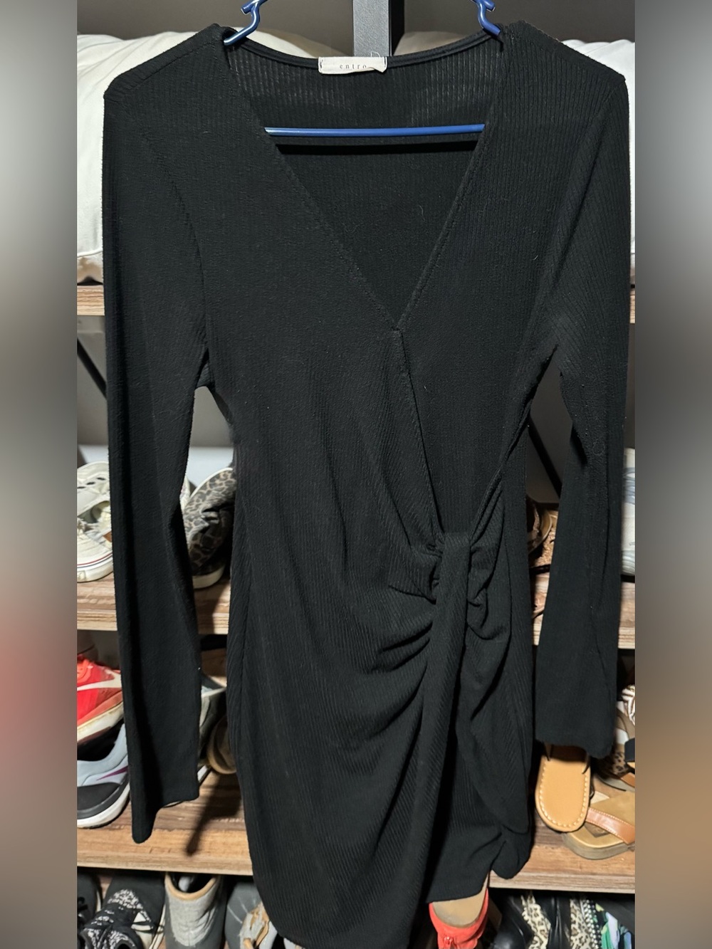 entro Black Ribbed Long-Sleeve Midi Wrap Knot Dress